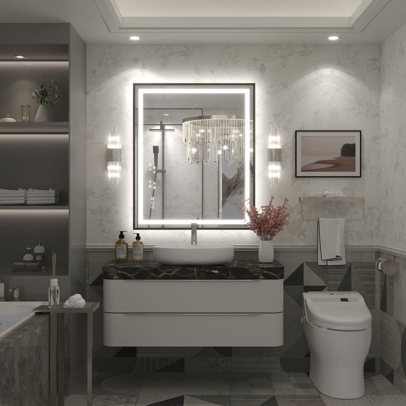 Molly Framelss or Framed LED Anti-Fog Tempered Glass Wall Bathroom Vanity Mirror - UL Certified, 36" x 30", Black