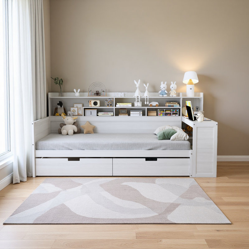 Lit de jour simple en bois avec tablettes de rangement, lit multifonctionnel avec deux tiroirs de rangement et bureau d'étude