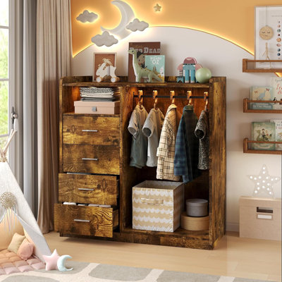 Brown 4-Drawer Wardrobe Closet, Hanging Rack, LED Lights, Charging Station, Shelves, Bedroom Storage