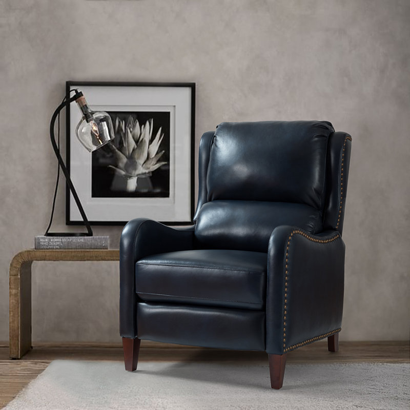 Fauteuil inclinable manuel en cuir véritable avec pattes en bois massif Beecher Traditional, Cuir véritable bleu marine