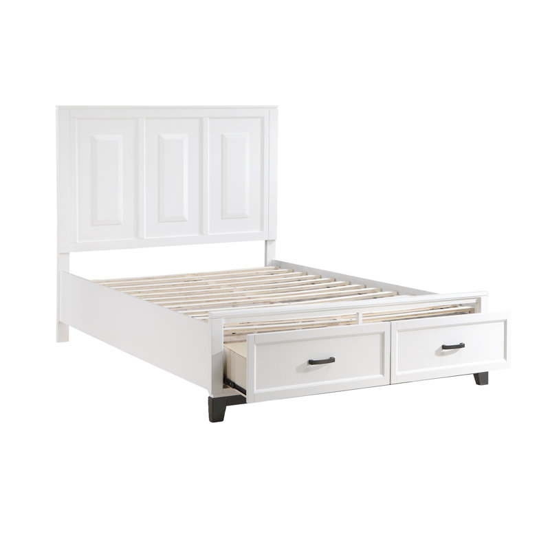 Grand lit plateforme en bois blanc avec rangement, élément de décoration de chambre à coucher