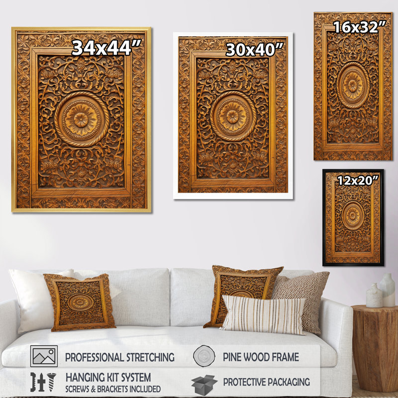 Vieille porte en bois sculpté Xi sur toile, H 44 po x l 34 po x P 1,5 po, Cadre photo noir
