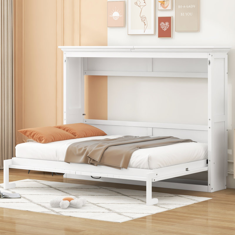 Armoire-lit escamotable en bois massif Borel, Blanc, Lit double