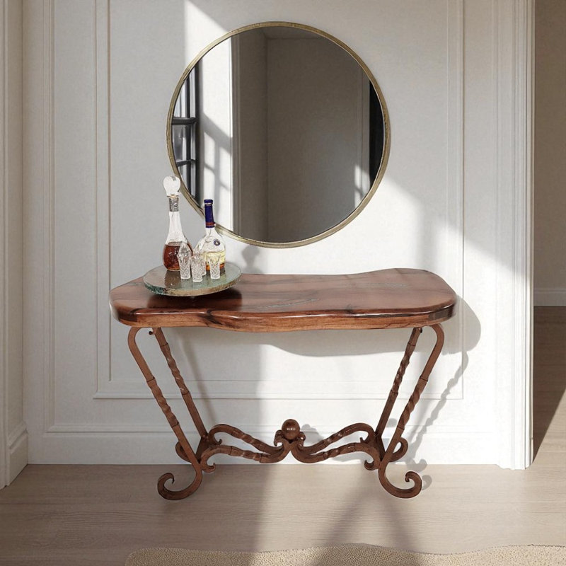 Freeform Mesquite Console Table: Handcrafted Rustic Entryway Table With Iron Base