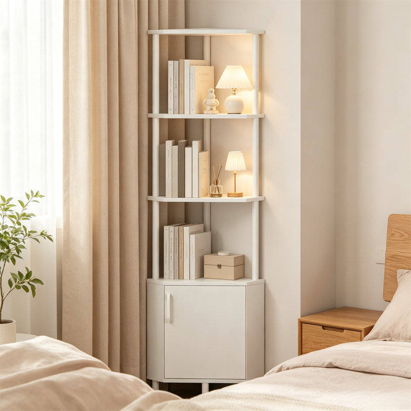 Corner Cabinet with LED Lights, Corner Shelf with Storage Cabinet & Door, 5-Tier Industrial Corner Bookshelf, Display Stand for Living Room, Kitchen