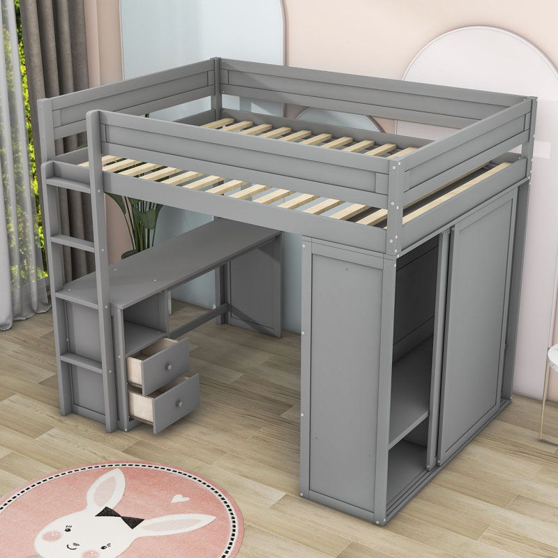 Clamart Wood Loft Bed with Wardrobes and 2 Drawer, Full / Double, Gray