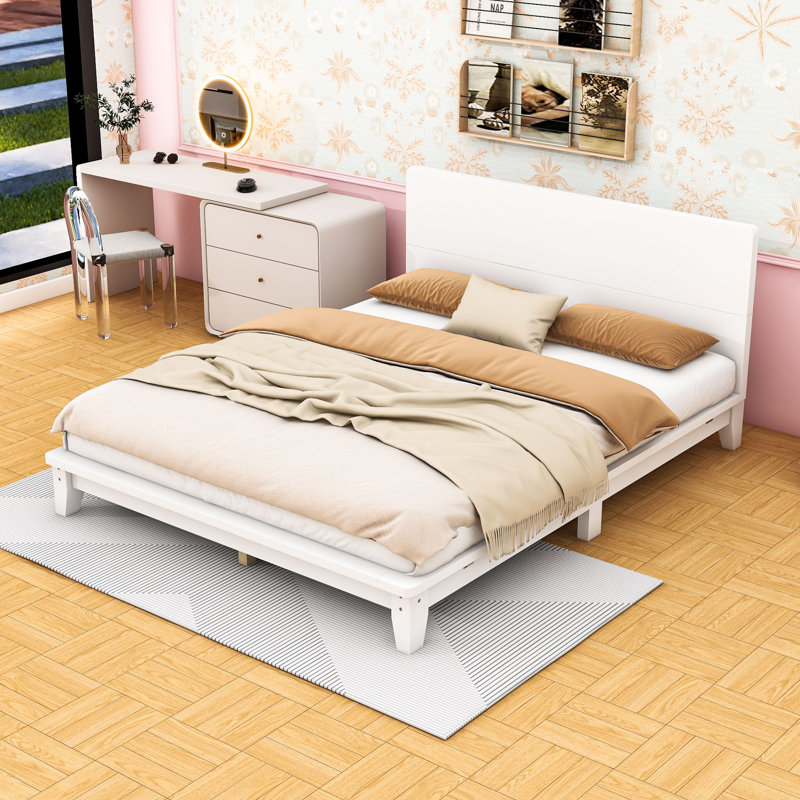 Base de lit plateforme avec tête de lit et pieds, Blanc, Grand lit