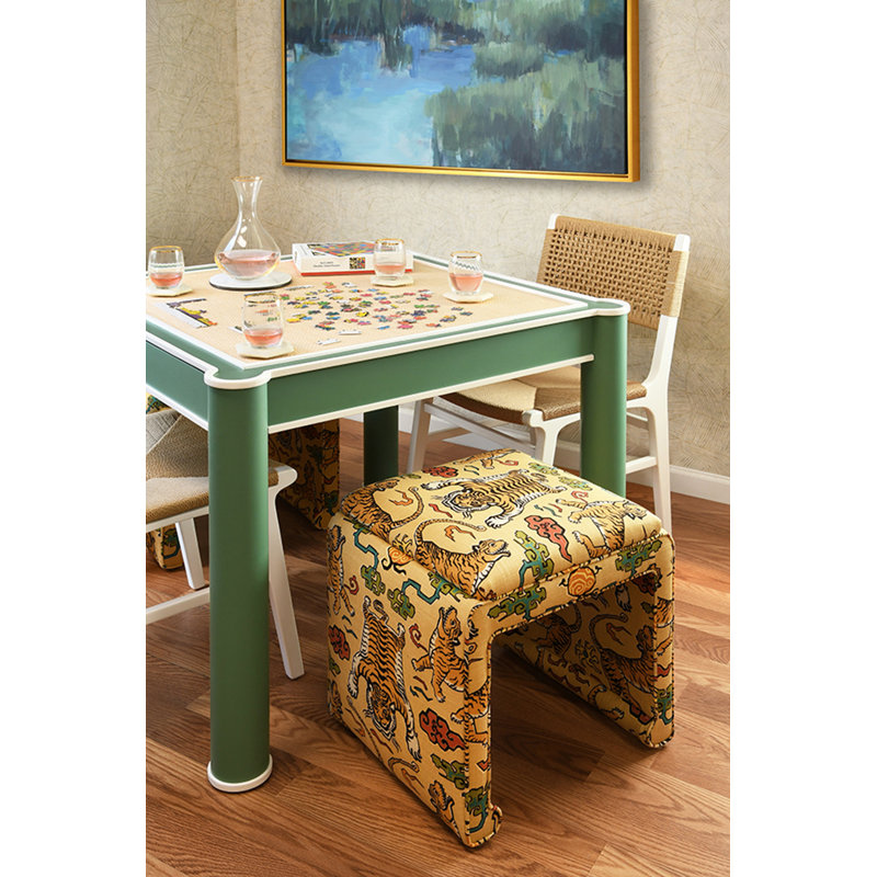 Square Two Drawer Round Leg Game Table In Matte Green Lacquer With Matte White Lacquer Edging
