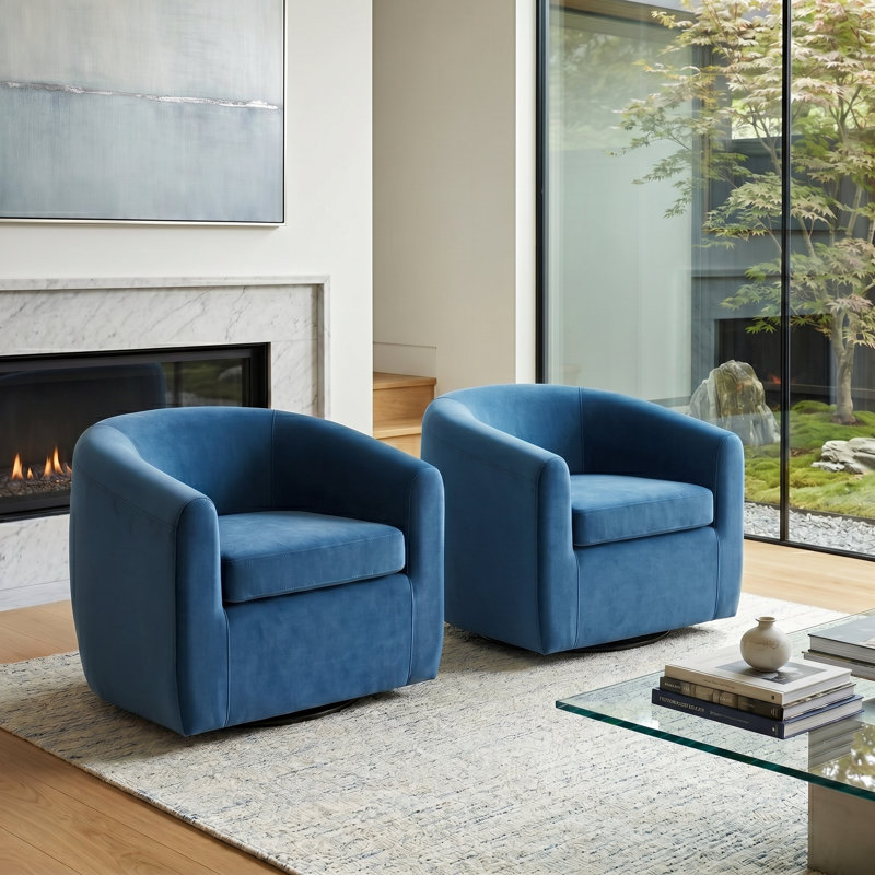 Richard  Upholstered Velvet Swivel Barrel Chair, Navy