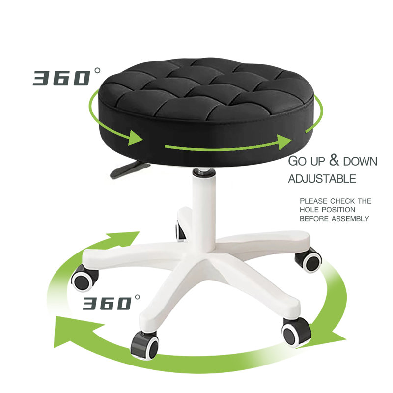 HDHNBA Set Of 2 Water Resistant PU Leather Height Adjustable Swivel Rolling Salon Stools With Ergonomic Cushion, Black