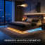 Base de lit flottante moderne avec lumières DEL et station de charge, tête de lit ondulée au fini chêne, pas de sommier nécessaire, pieds cachés-770397904