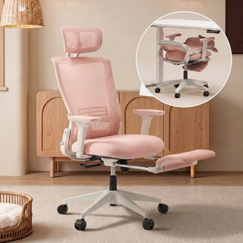 Foldable Office Chair, Ergonomic Mesh Task Chair with Recline Function, Office Chair with 2D Headrest , 4D Armrest and Footrest, Adjustable Height & Lumbar Support