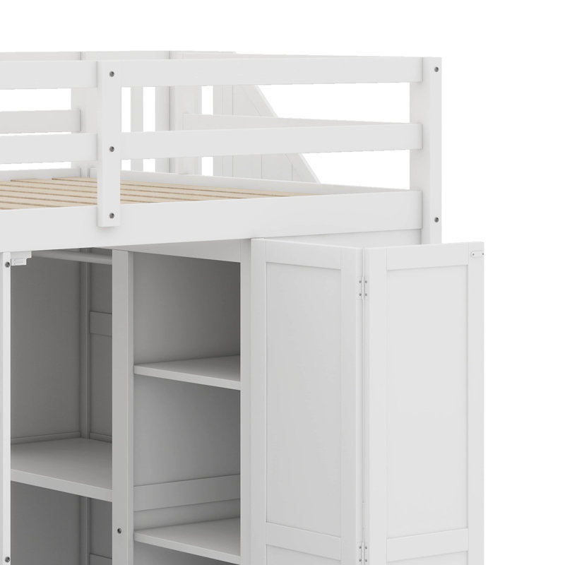 Lit mezzanine double avec garde-robe, bureau et tablettes, Blanc