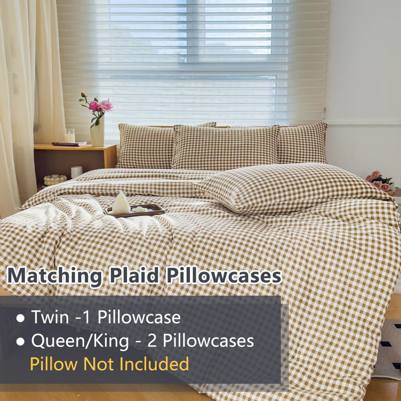 Gingham Comforter Set, Pre-Washed Microfiber Ultra-Soft Plaid  Grid Comforter Set, King Comforter + 2 Pillowcases