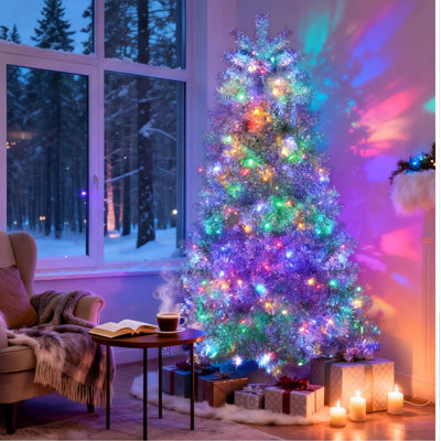 Arbre de Noël artificiel pré-éclairé argenté 6 pi, articulé avec 800 pointes, 300 lumières DEL, 11 modes, base en métal, décoration de Noël intérieure / extérieure