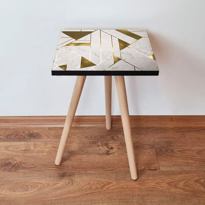 Modern Side Table with Beech Wood Legs, Grey & Gold, 13.8 x 16.5 x 13.8 inches | 100% MDF, Thickness: 0.7 inches | Stylish Geometric Design, Perfect for Living Room, Bedroom, or Office Decor