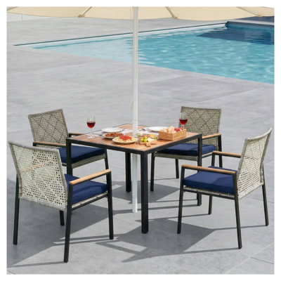 All Weather 5-Piece Patio Dining Set with Acacia Wood and Steel Frame, Light Gray Wicker Outdoor Conversation Furniture