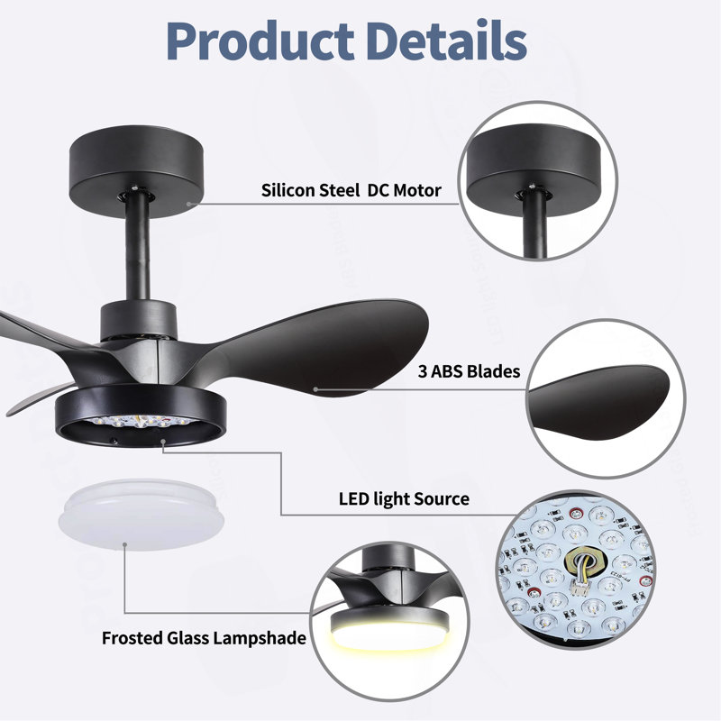 Petit ventilateur de plafond de 24 po avec télécommande légère, ventilateur de plafond noir moderne à profil bas, moteur CC réversible silencieux à 6 vitesses pour la chambre à coucher, cuisine