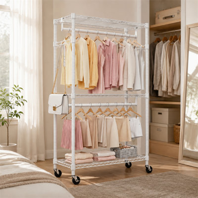 Rolling Garment Rack, Three Tier Adjustable Wire Shelving with Two Hanging Rods and Side Hooks, White