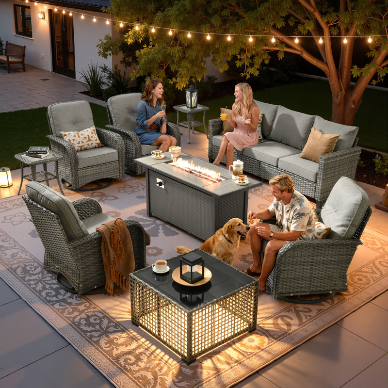 Ensemble de conversation d'extérieur 7 personnes avec chaises berçantes et pivotantes Jordanlee, Gris foncé