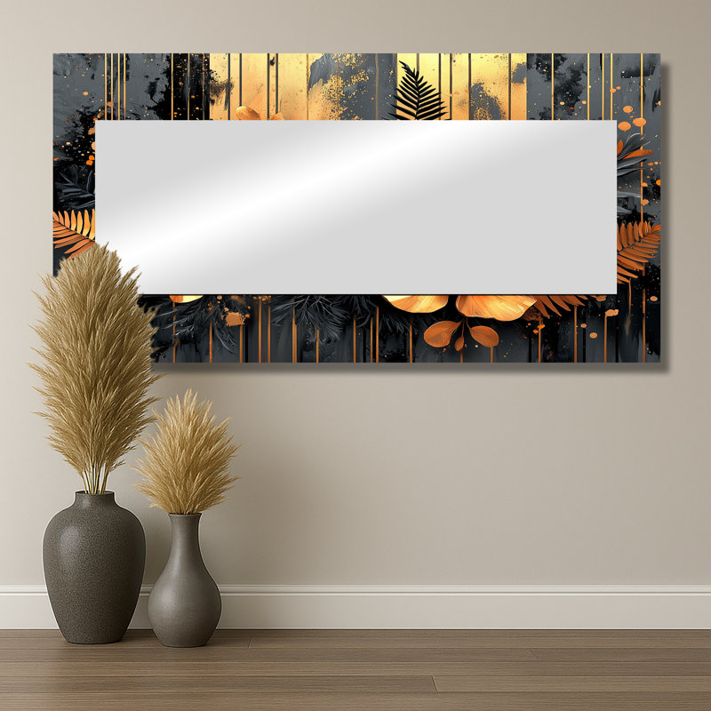 Modern Golden Ferns Into The Forest II - Floral Mirror Wall Art - Printed On Metal, 28" x 55"