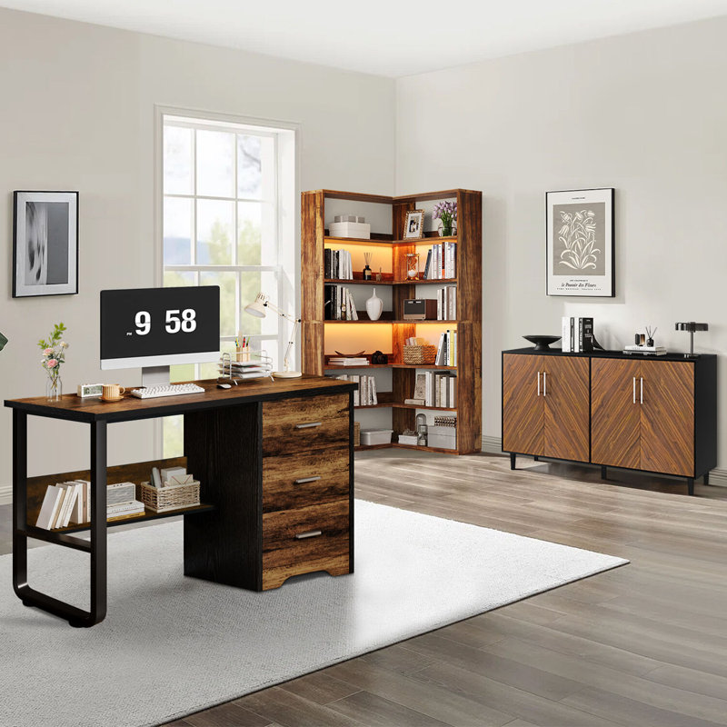 3 Piece Office Set,With 47" Office Computer Desk,Sideboard Cabinet,Corner Bookcase