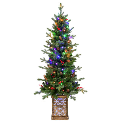 4FT Pre-Lit Green Christmas Tree With Glitter Base – 100 Multicolor LED Lights, 396 Tips, Red Berries & Pine Cones, PE/PVC Full Branches, Festive Light-Up Pot