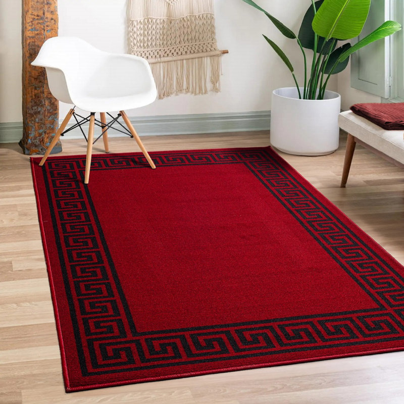 Greek-Key Red Black Non-Slip Polypropylene Area Rug — Washable Door Mat & Hallway Runner for Living Room, Kitchen & Bedroom