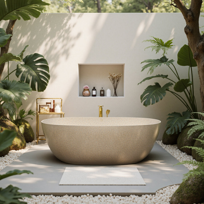 Baignoire autoportante en pierre solide de 61 po x 30 po StonePure, baignoire profonde avec trop-plein, bonde escamotable
