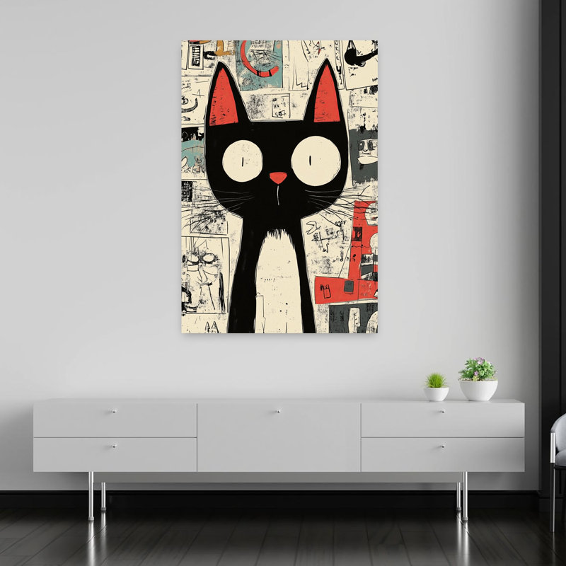 Big-Eyed Black Cat Abstract Modern Cat Wall Art, 60" H x 40" W