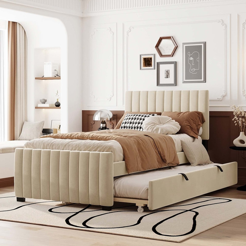 Luxurious Velvet Upholstered Platform Bed with Twin Trundle for Ultimate Comfort, Beige, Twin