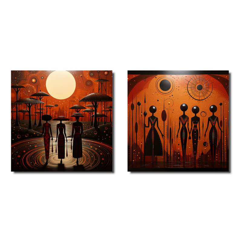 «African Soulful» - Ensemble de 2 collages carrés de paysages abstraits, H 16 po x l 33 po, Toile tendue