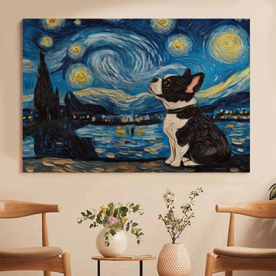 1Pc Framed Canvas Poster Print Boston Terrier in Van Gogh's Starry Night Style Wall Art Decor, Perfect for Room Decor Living Room Bedroom Office Kitchen Bathroom Home Decor, Ideal Home Wall Decoration Gift
