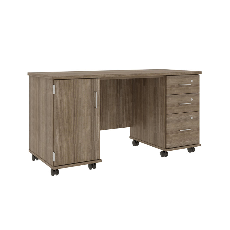 Bureau mobile avec tiroirs de rangement verrouillables et armoire latérale, Orme foncé