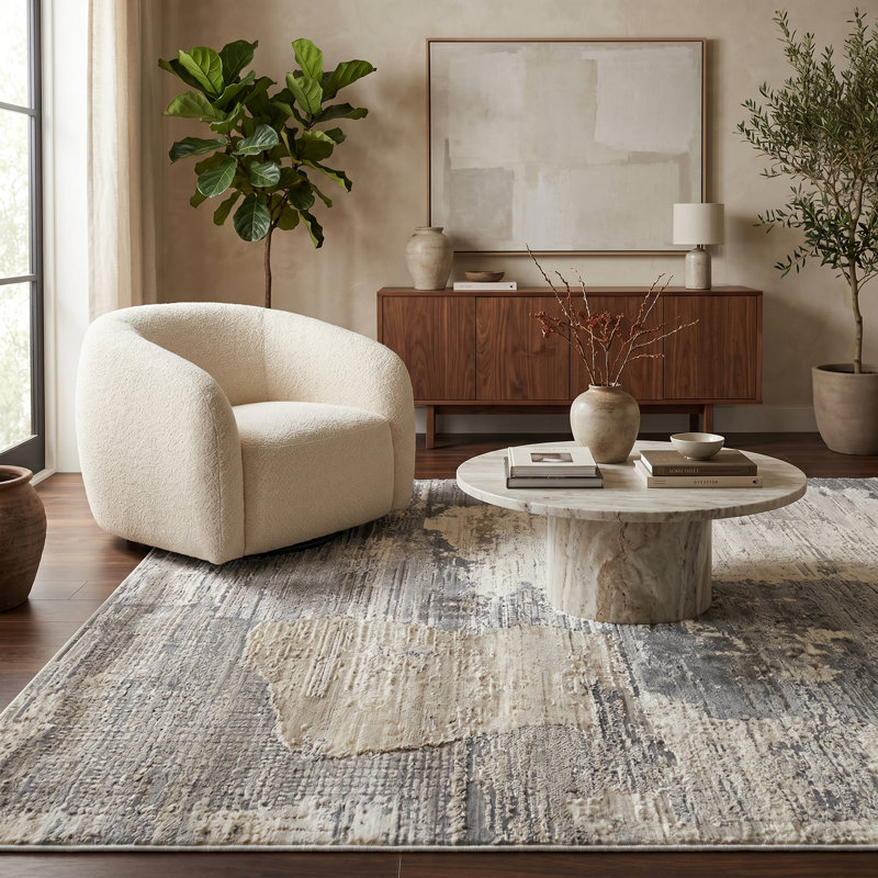 Rug Branch Atlas 5' x 8' (5'3" x 7'7") Cream/Grey Abstract Patchwork Indoor Area Rug, Modern, Medium Pile, Stain-Resistant Carpet - Living Room, Bedroom, Dining Room, and Kitchen