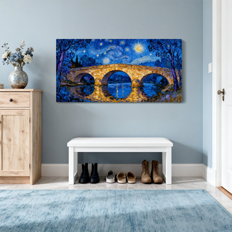 «Landscape & Nature Starry Night Bridge Reflection», peinture de paysage, H 16 po x l 32 po