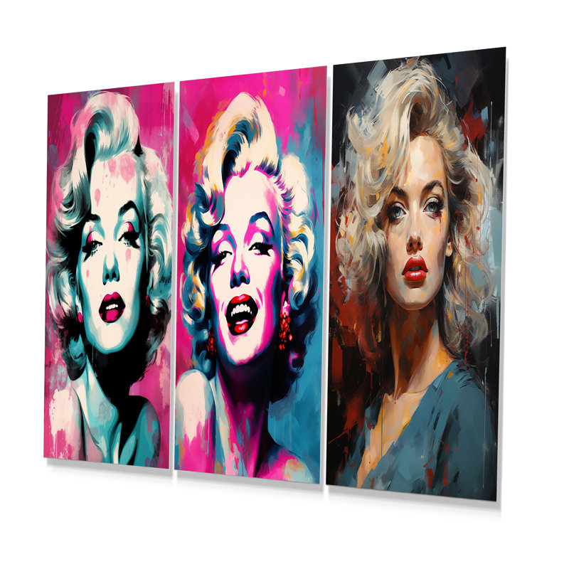 Magenta Monroe Popart Portrait - femme Pop Art, ensemble de 3 impressions sur métal, H 28 po x l 36 po