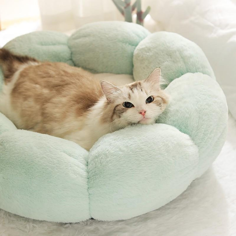  Elyzabeth Flower Shaped Pet Bed with Non-Slip Bottom, Soft Plush, Cute Cozy Cat Bed for Indoor cats, Green