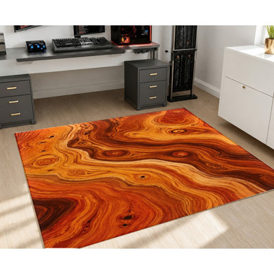 Tapis décoratif en velours antidérapant à motif abstrait de grain de bois, orange et brun vibrant, idéal pour le salon, la chambre à coucher, la salle à manger, le couloir ou un appartement.