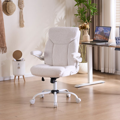 Executive Office Chair, Comfy Fabric Cloth Computer Chair Ergonomic Desk Chairs with Flip-up Armrests, Lumbar Support, 360掳 Swivel and Rocking Function for Home Office Chairs, White