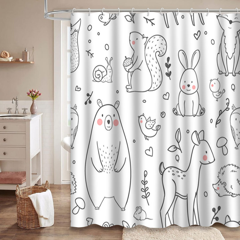 White Baby Forest Animals Black Doodle Shower Curtain with 12 Hooks, L 72 po x l 78 po