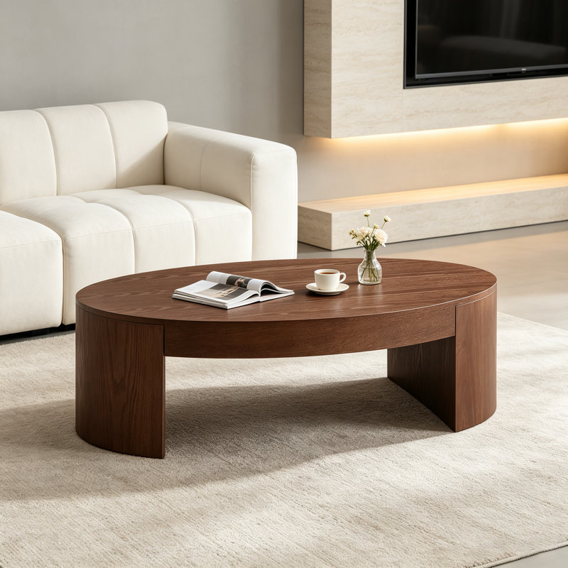 Table basse ovale moderne, table basse centrale en MDF aspect noyer pour salon, Noyer