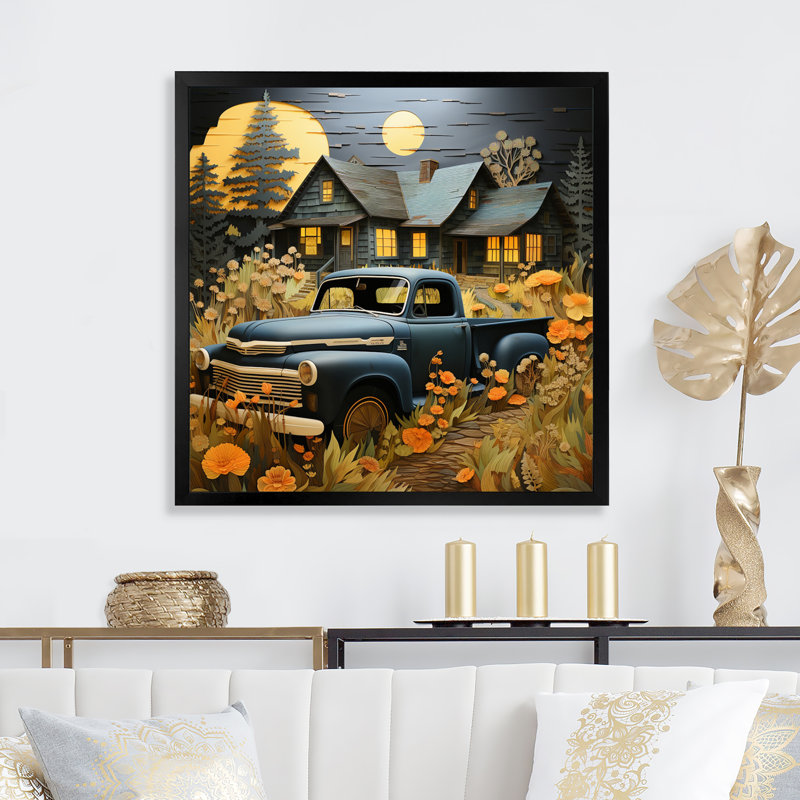 Camionnette jaune - Rustic Rides III - impression, Cadre simple noir, H 16 po x l 16 po x P 1 po