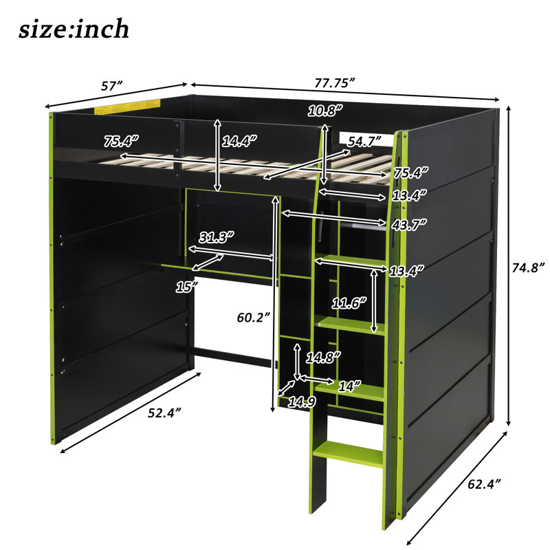 Modern Loft Bed With Desk, Storage Bookcase And Lighted Open Wardrobe, Green/Black