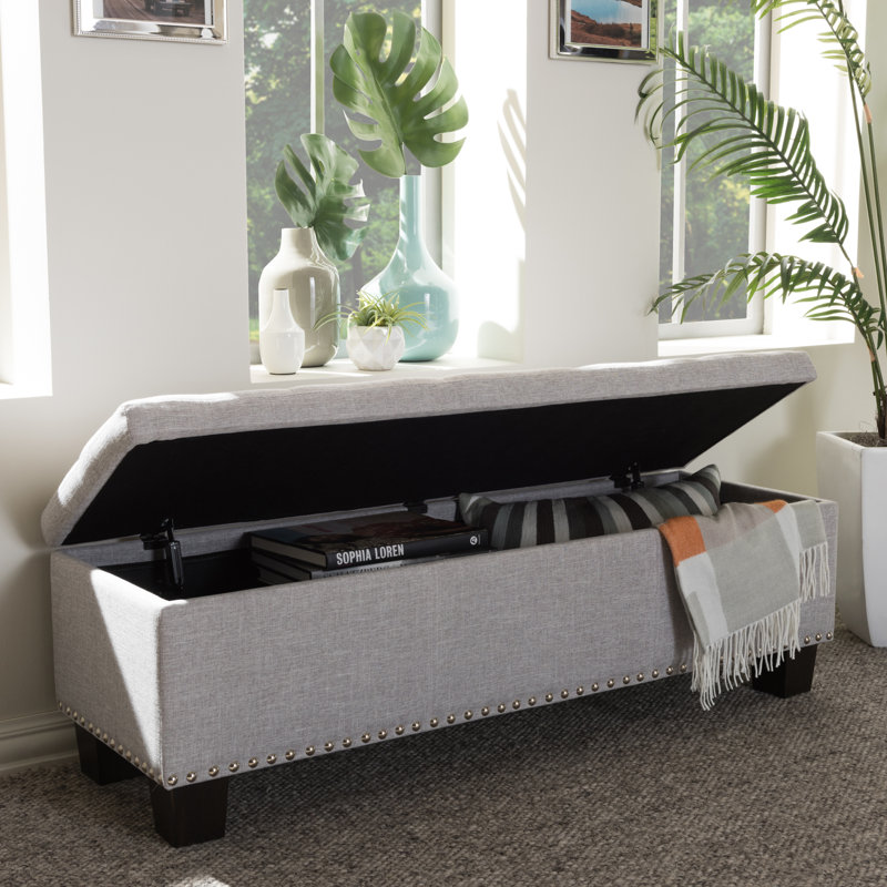 Banc de rangement rembourré en polyester au fini beige gris Ahrens, H 17,32 po x l 52,17 po x P 16,73 po, Beige-gris