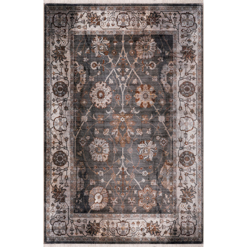 Tapis à médaillon floral beige, gris et brun clair Moab Collection, Rectangle 5 pi x 7 pi 7 po