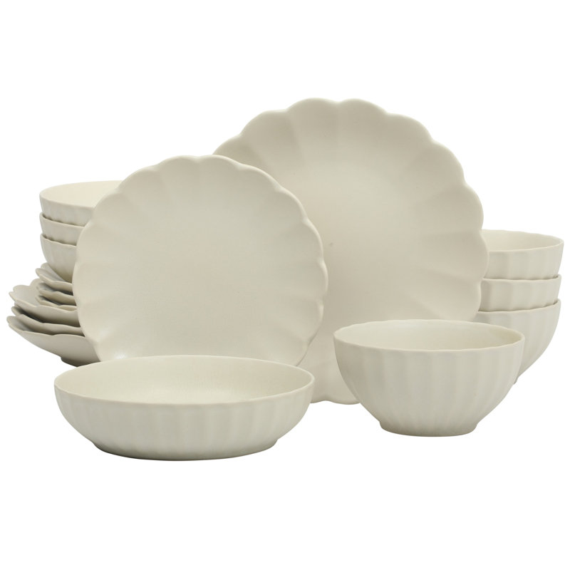 Gibson Elite Malibu Shore 16 Piece Scallop Stoneware Reactive Glaze (Service for 4) Ceramic Plates and Bowls Dinnerware Set - White
