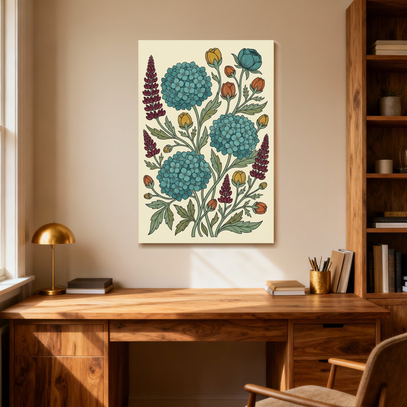 Motif floral de plantes et de fleurs avec fleurs bleues et rouges, H 36 po x l 24 po