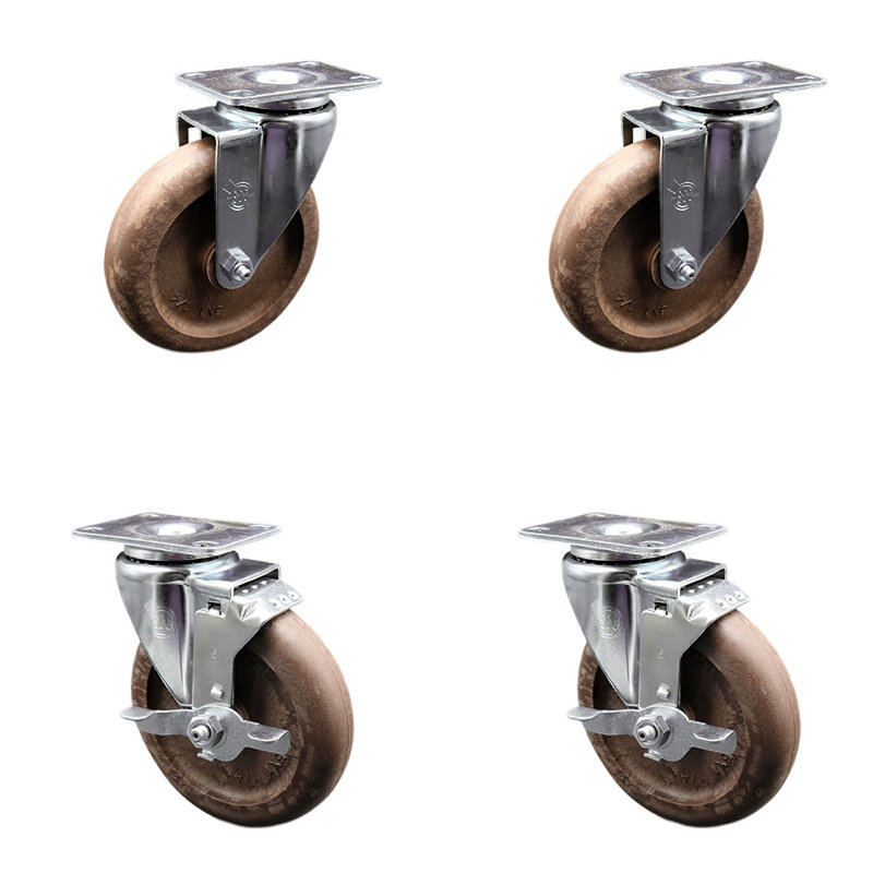 5 Inch High Temp Glass Filled Nylon Swivel Top Plate Caster Set with 2 Brakes