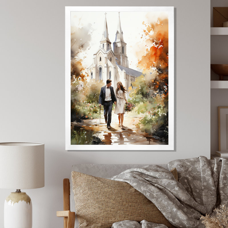 Couple in Love, chapelle de mariage, aquarelle rustique - reproduction sur toile, H 40 po x l 30 po x P 1,5 po